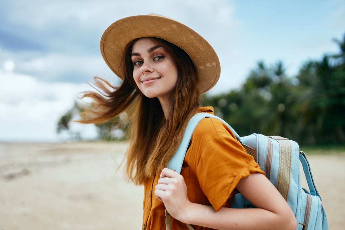 Woman Tourist Backpack Hat Travel Smile Landscape Island